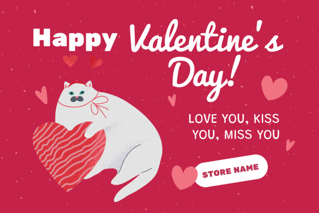 Cute Valentine's Day Greeting with Big Cat on Pink Postcard 4x6in Modelo de Design