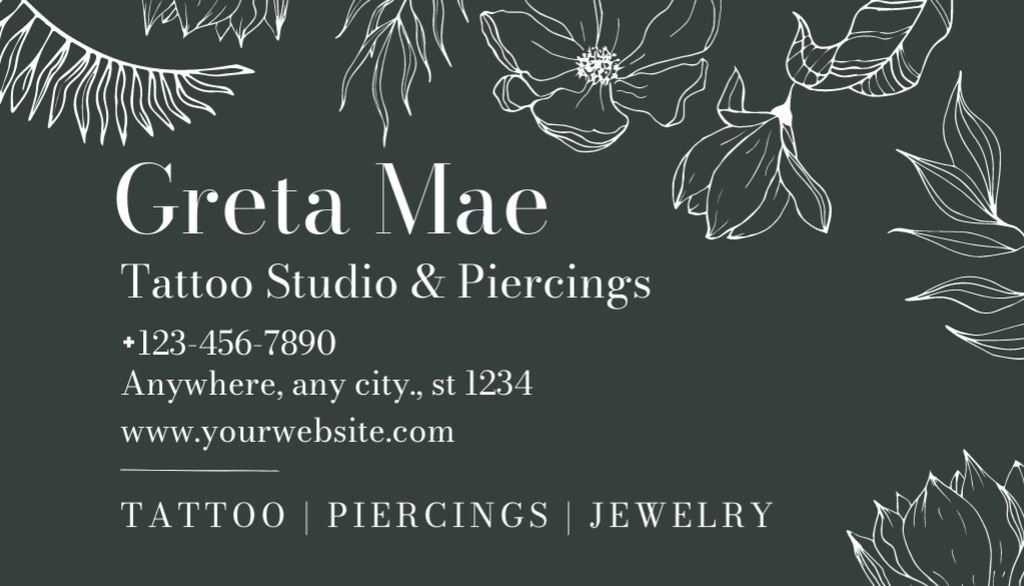 Tattoo Studio And Piercings Services With Floral Sketch Business Card US Šablona návrhu