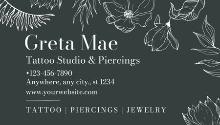 Designvorlage Tattoo Studio und Piercings Dienstleistungen mit Blumenmuster für Business Card US