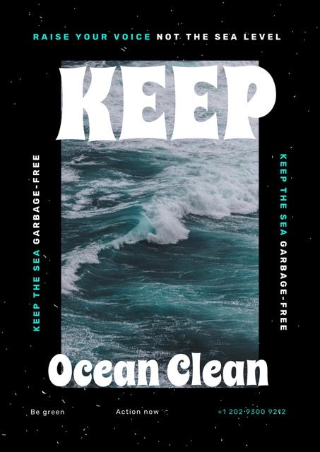 Ocean Care Awareness with Waves in Black Frame Poster B2 Design Template