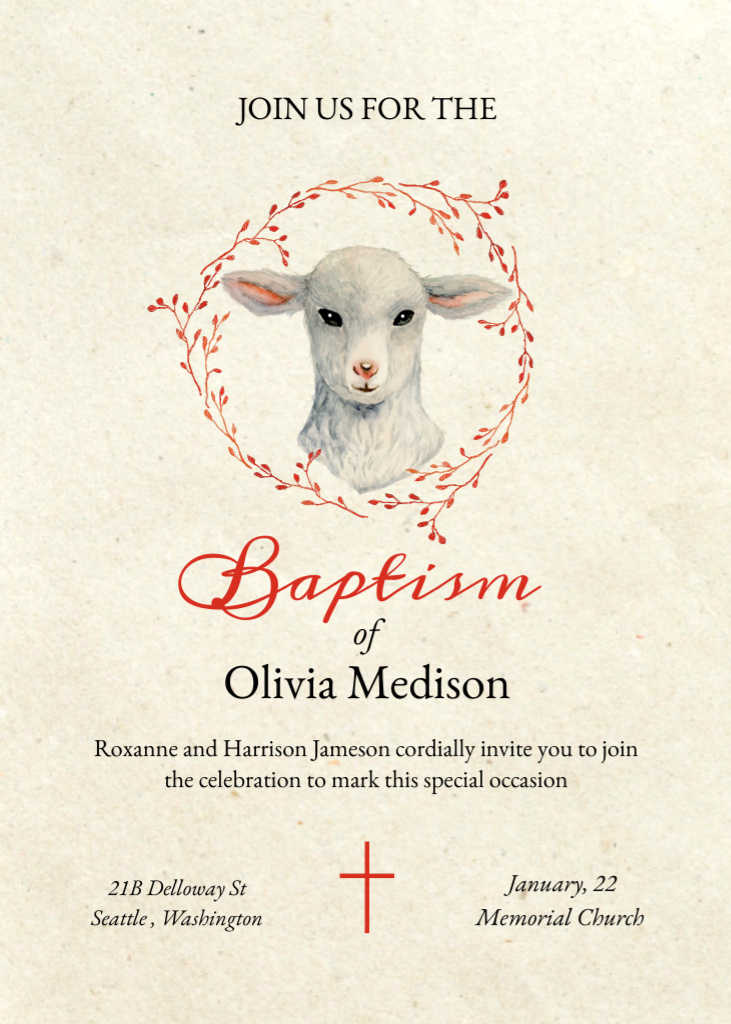 Baptism Ceremony Announcement with Cute Lamb Invitation Modelo de Design