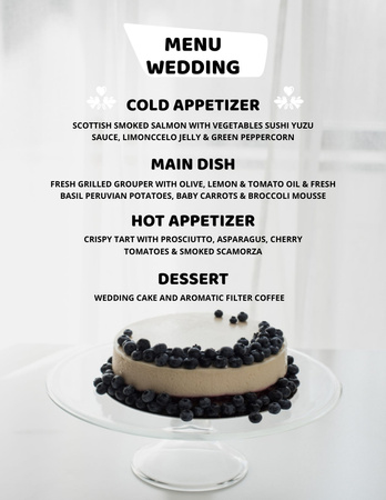 Esküvői ételek listája torta a háttérben Menu 8.5x11in tervezősablon