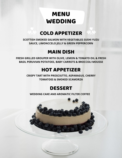 Szablon projektu Wedding Dishes List with Cake on Grey Background Menu 8.5x11in