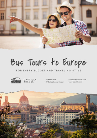 Designvorlage Anzeige für Bustouren nach Europa mit Reisenden in der Stadt für Poster 28x40in