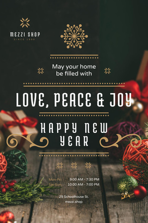 Template di design New Year Greeting with Decorations and Presents Pinterest