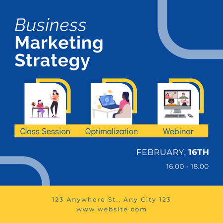Plantilla de diseño de Anuncio de seminario web de estrategia de marketing empresarial en azul y amarillo LinkedIn post 
