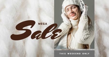 Template di design Sale Offer Girl in Headphones and Cozy Knitwear Facebook AD