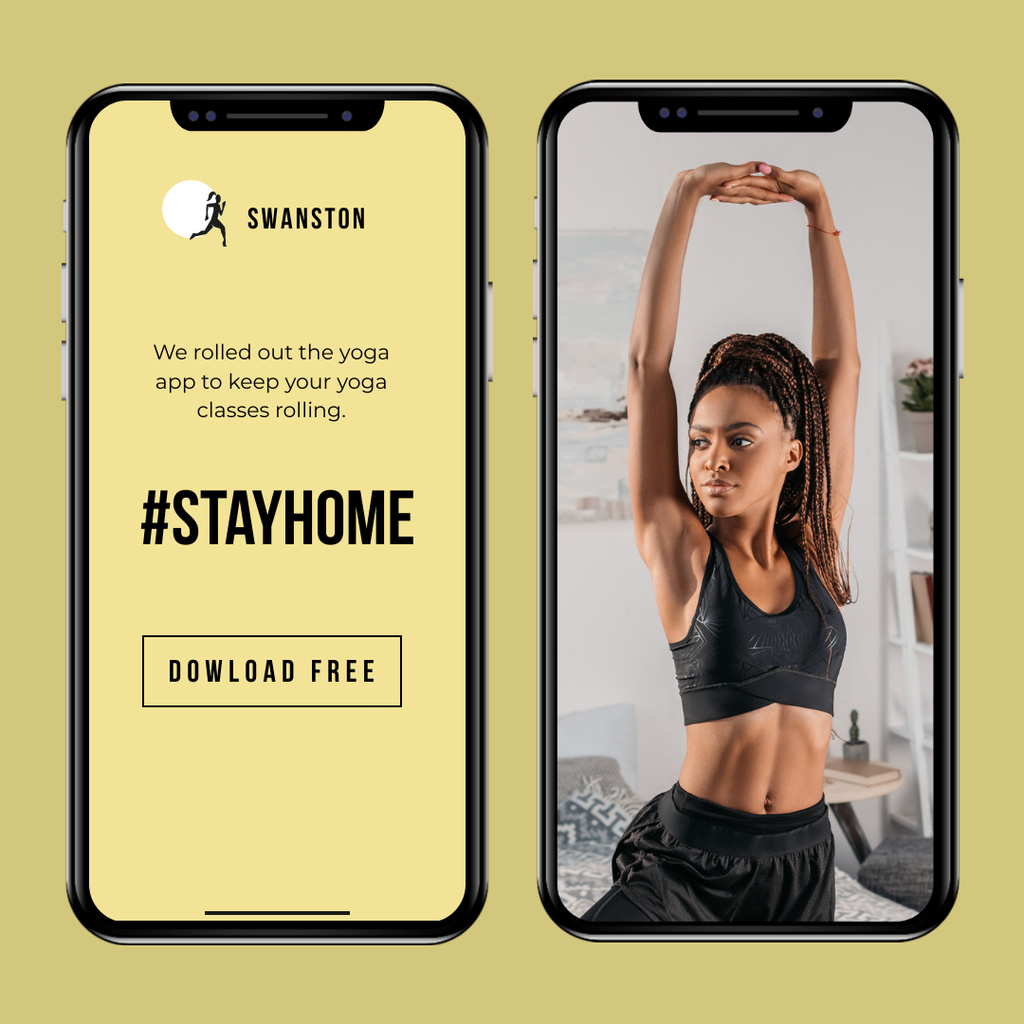 Modèle de visuel #StayHome Yoga App promotion with Woman exercising - Instagram