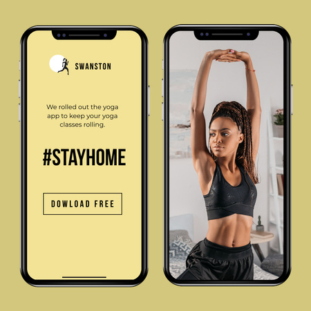 Ontwerpsjabloon van Instagram van #StayHome Yoga App-promotie met vrouw die traint