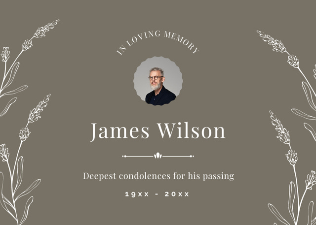Deepest Condolence Messages on Death of Man in Glasses Postcard 5x7in Design Template