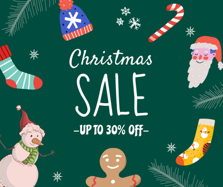 Ontwerpsjabloon van Facebook van Christmas Sale Announcement with Festive Cartoon Illustrations
