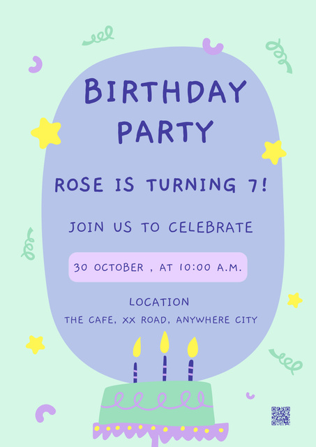 Birthday Party Announcement with Cartoon Cake Poster Design Template