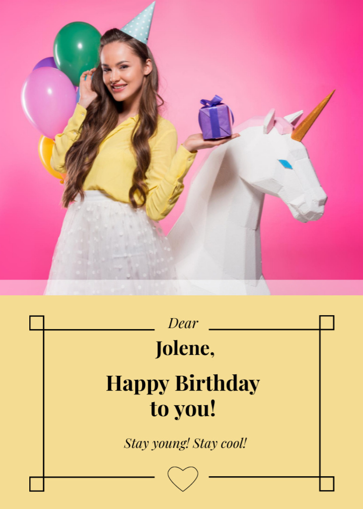 Ontwerpsjabloon van Postcard 5x7in Vertical van Colorful Balloons And Unicorn For Birthday Greeting