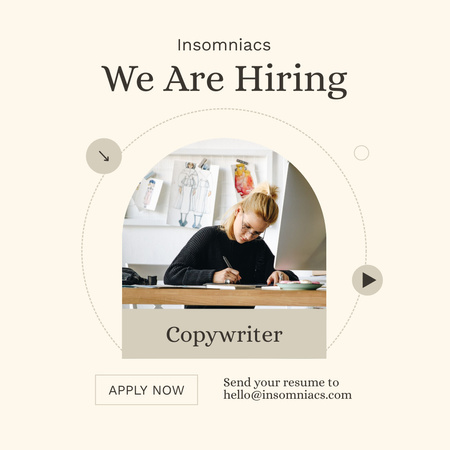 Copywriter Vacancy Ad with Girl at the Table Instagram Design Template