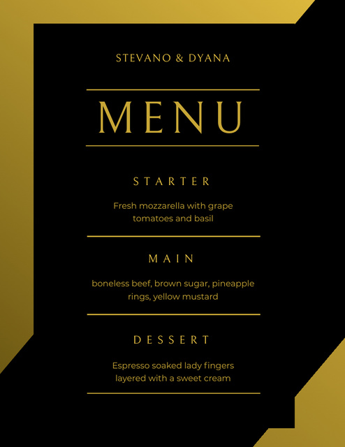 Black and Golden Wedding Food List Menu 8.5x11in Design Template