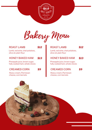 Список предложений пекарни с кусочком торта на красном Menu – шаблон для дизайна