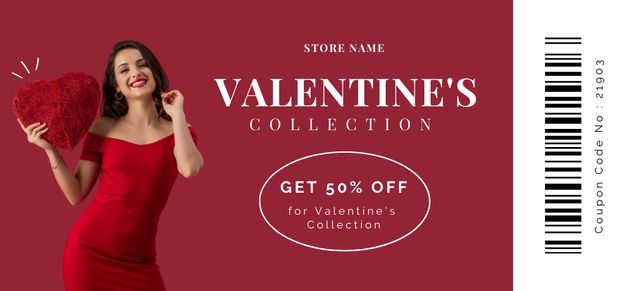 Valentine's Day Sale Announcement with Brunette Woman in Red Dress Coupon 3.75x8.25inデザインテンプレート