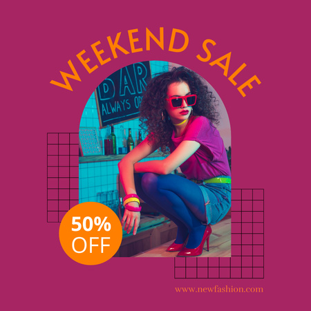 Platilla de diseño Weekend Sale Announcement with Woman in Bright Outfit Instagram
