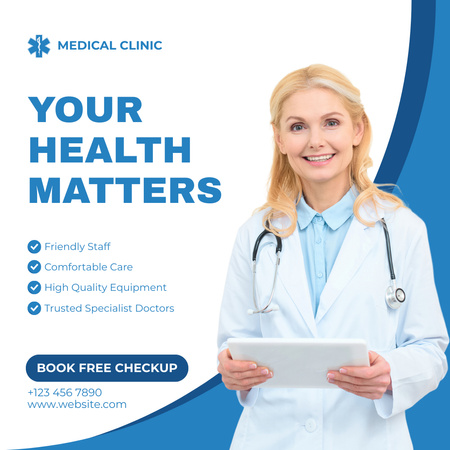 Healthcare Services with Smiling Woman Doctor Instagram Design Template