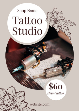 Ontwerpsjabloon van Flayer van Geschetste Bloemen En Tattoo Studio Met Vaste Prijs