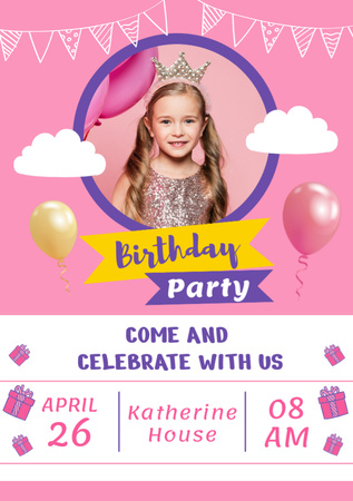 Birthday Party Invitation with Cute Girl Flyer A7 Design Template