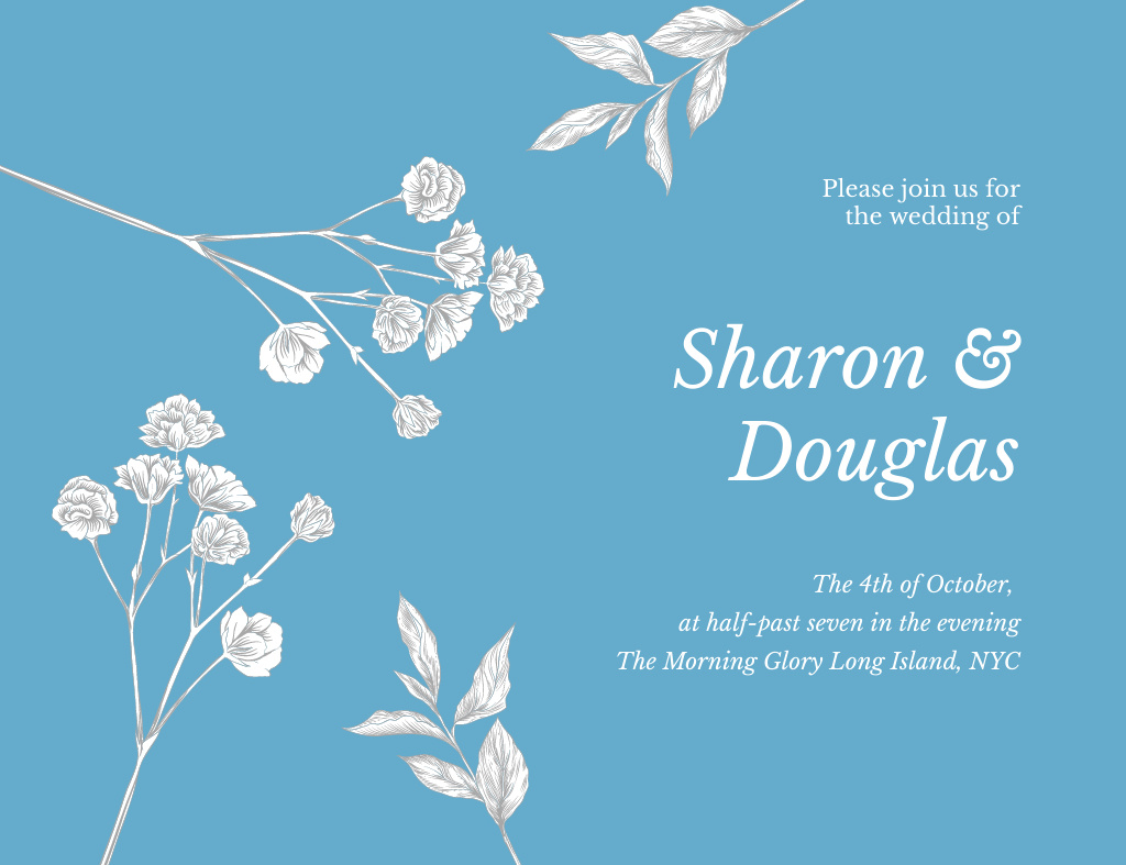 Wedding Ceremony Announcement With Sketch Flowers Invitation 13.9x10.7cm Horizontal Design Template