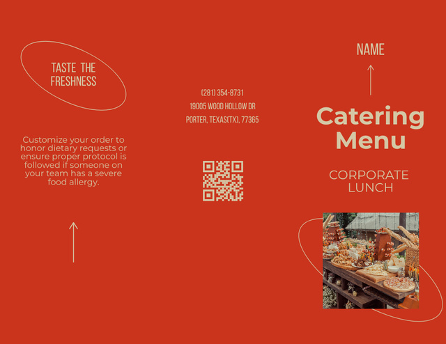 Catering Menu Announcement on Red Menu 11x8.5in Tri-Fold Šablona návrhu