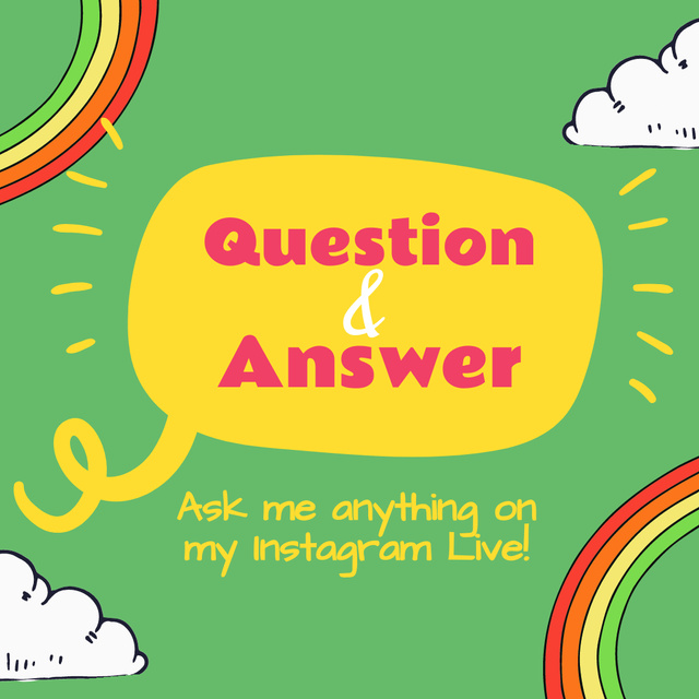 Plantilla de diseño de Q&A Notification in Green with Rainbows Instagram 
