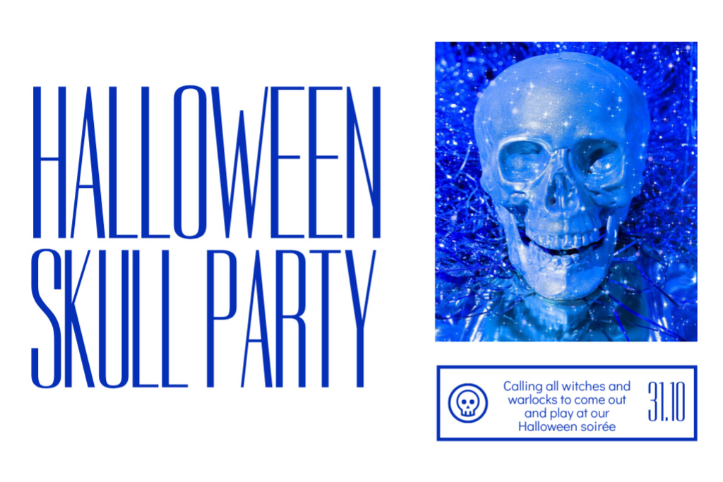Blue Skull And Halloween Party Announcement Flyer 4x6in Horizontalデザインテンプレート