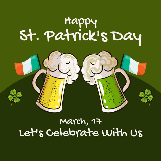 St. Patrick's Day Greetings with Beer Mugs in Green Instagram Modelo de Design