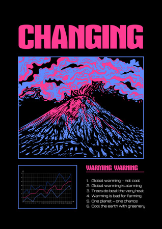 Conscientização e alerta sobre mudanças climáticas com ilustração de vulcão Poster Modelo de Design
