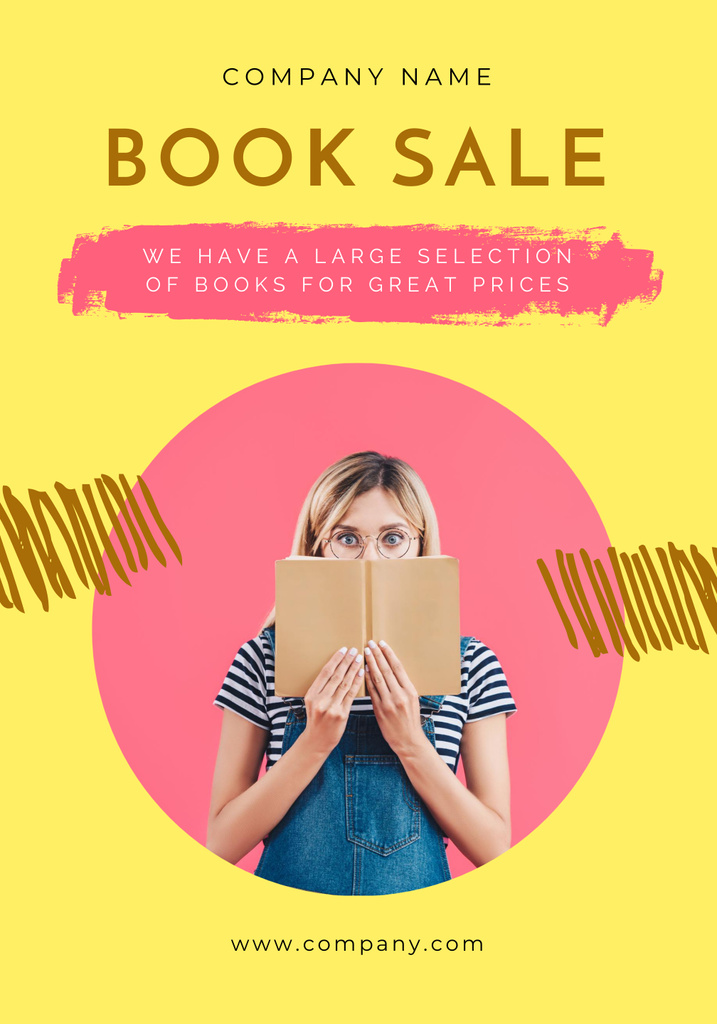 Plantilla de diseño de Book Sale Announcement with Woman on Yellow Poster 28x40in 