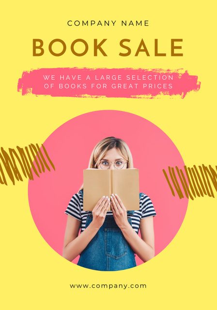 Designvorlage Book Sale Announcement with Woman on Yellow für Poster 28x40in