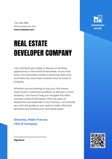 Real Estate Company Letterhead with Blue Frame Letterhead tervezősablon