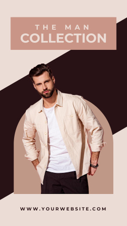 homem elegante em camisa bege para masculino coleção de moda anúncio Instagram Story Modelo de Design