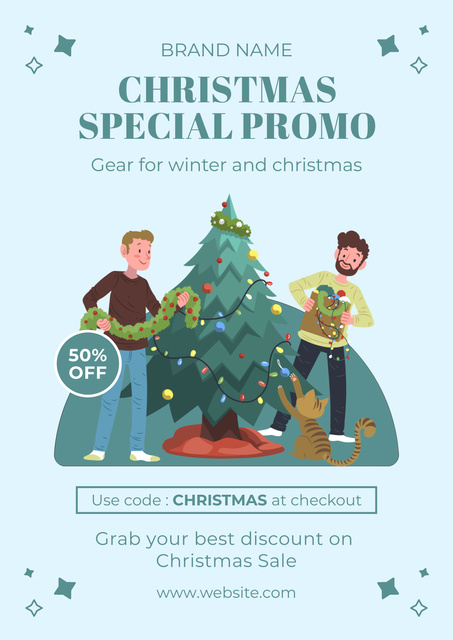 Plantilla de diseño de Christmas Promo Illustrated Family Decorating Tree with Cat Poster 