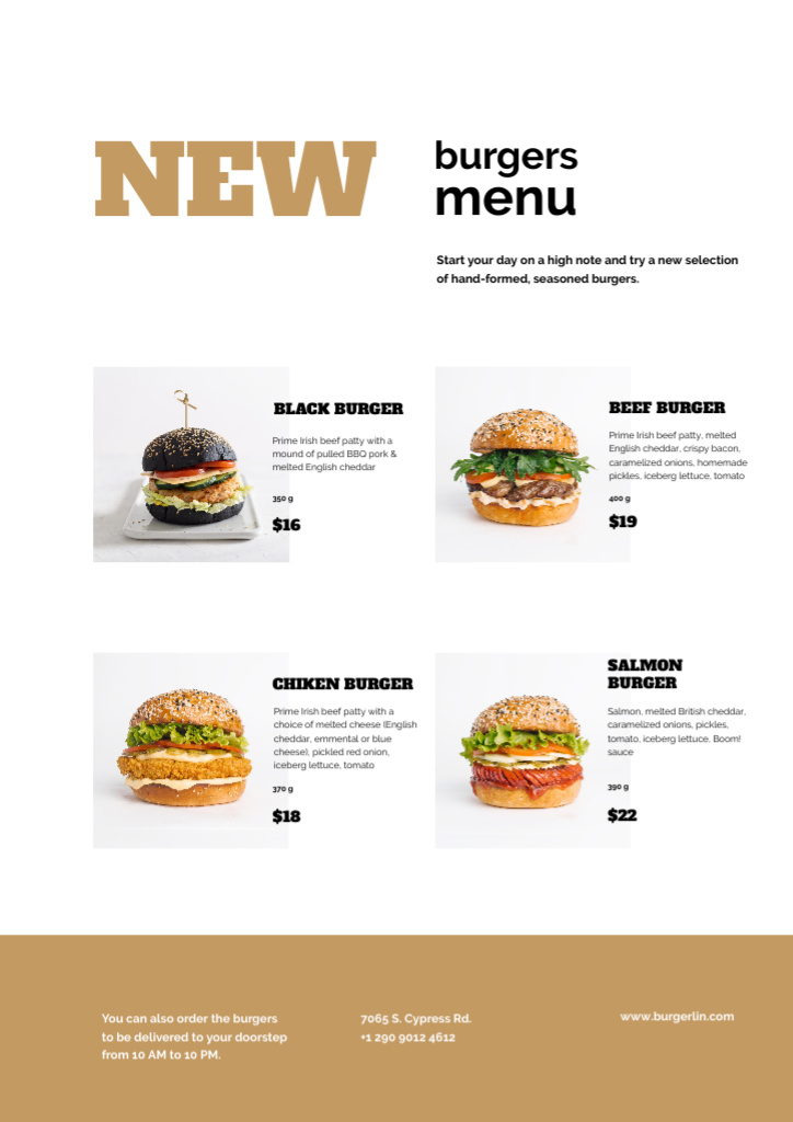 Variety of delicious Burgers Menu Design Template