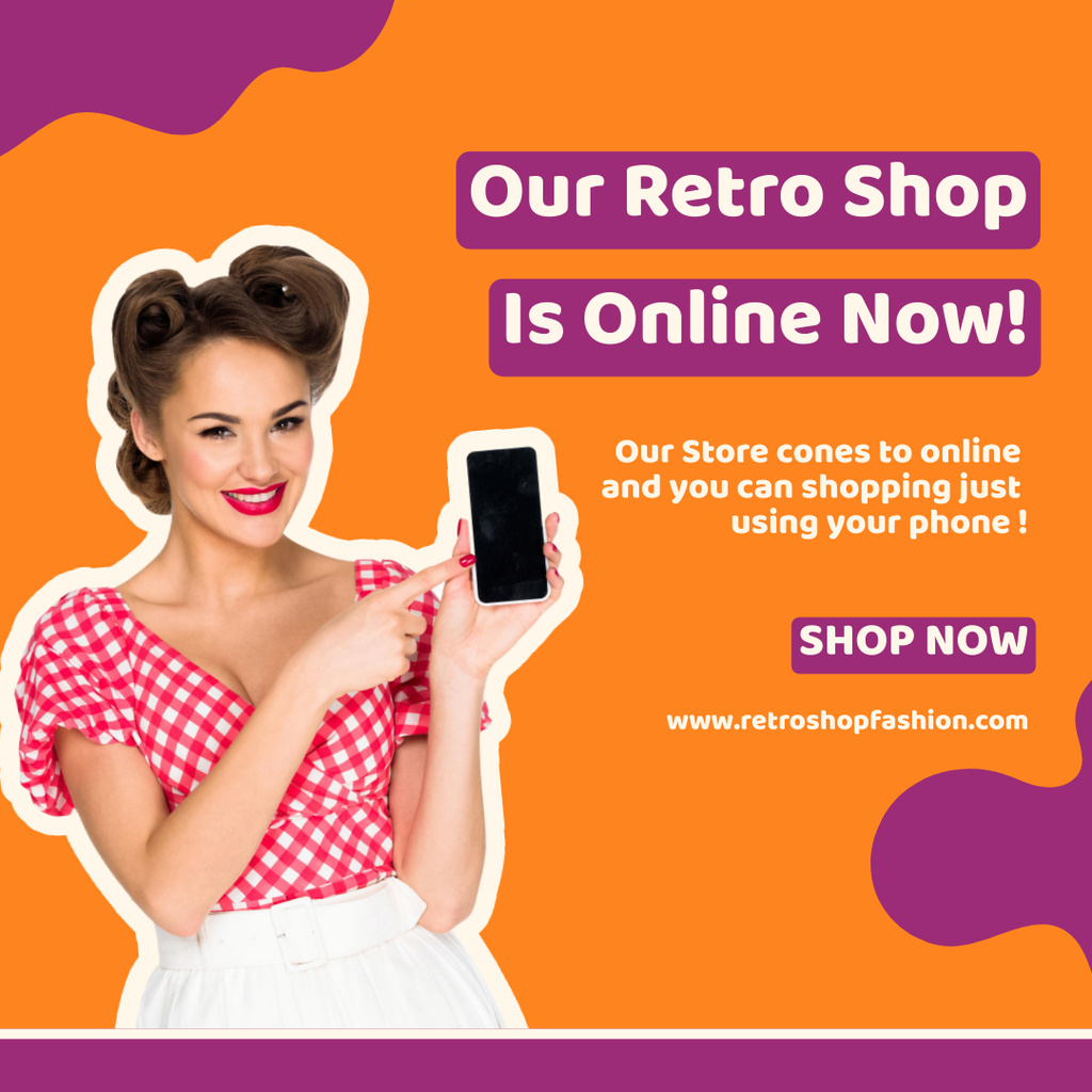 Online Retro Shop Promotion In Orange Instagram AD Tasarım Şablonu