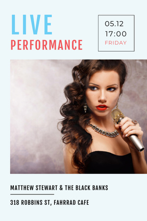 Live Performance Announcement with Gorgeous Woman Singer Flyer 4x6in Design Template