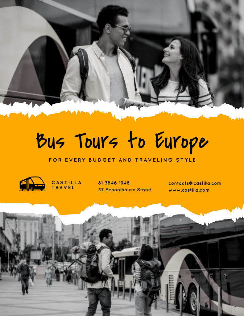 Bus Tours Offer with Travellers in City Poster 8.5x11in Design Template