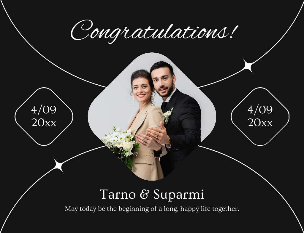 Wedding Greeting Message with Happy Young Couple Thank You Card 5.5x4in Horizontal Tasarım Şablonu