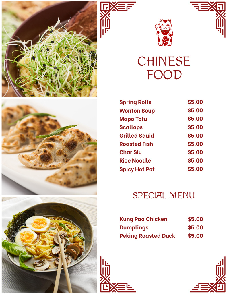 Price List for Delicious Traditional Chinese Food Menu 8.5x11in Design Template