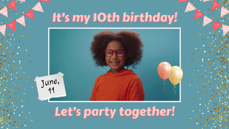 Child`s Birthday Party Announcement With Glitter Full HD video Tasarım Şablonu