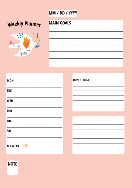 Weekly Goals with Dove of Peace on Pink Schedule Planner Design Template