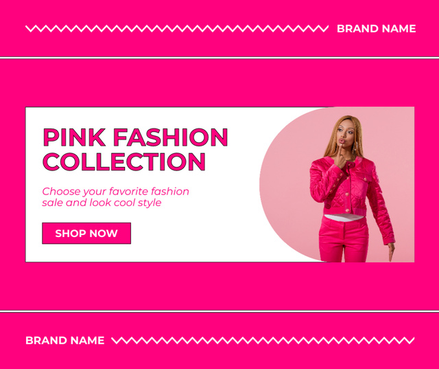 Pink Fashion Collection Ad with Doll-Like Woman Facebook Πρότυπο σχεδίασης