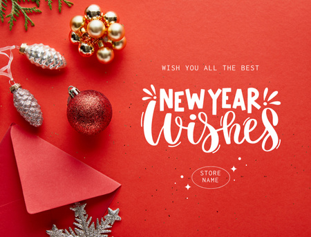 New Year Greetings with Baubles In Red Postcard 4.2x5.5in Šablona návrhu