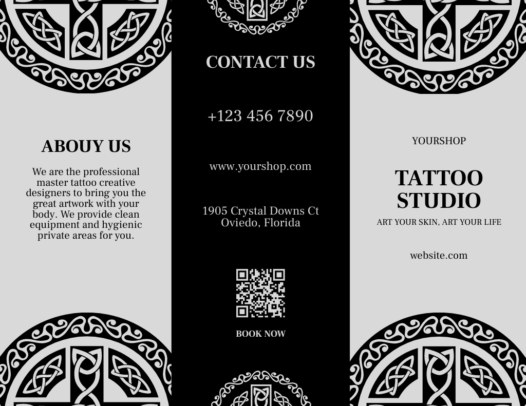Tattoo Studio Advertisement With Description And Celtic Knots Brochure 8.5x11in Design Template