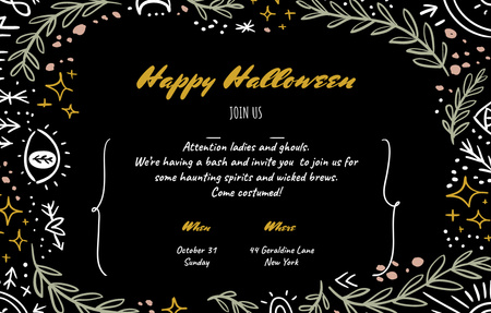 Plantilla de diseño de Halloween Holiday Greeting With Ornament In Black Invitation 4.6x7.2in Horizontal 