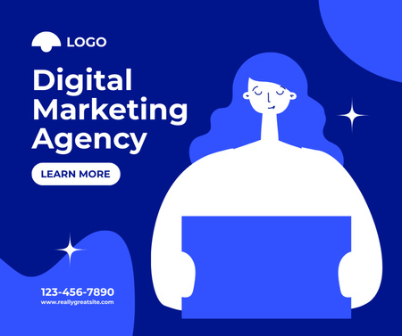 Plantilla de diseño de Anuncio de agencia de marketing digital con mujer usando laptop Facebook 