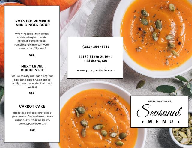 Platilla de diseño Seasonal Pumpkin Soups In Plate Menu 11x8.5in Tri-Fold